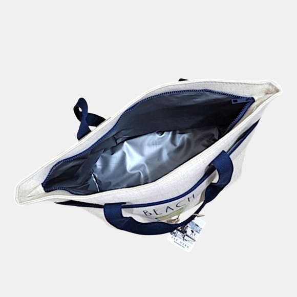 Rae Dunn Beach Canvas Insulated Tote Bag with Navy Straps - Picture 5 of 5